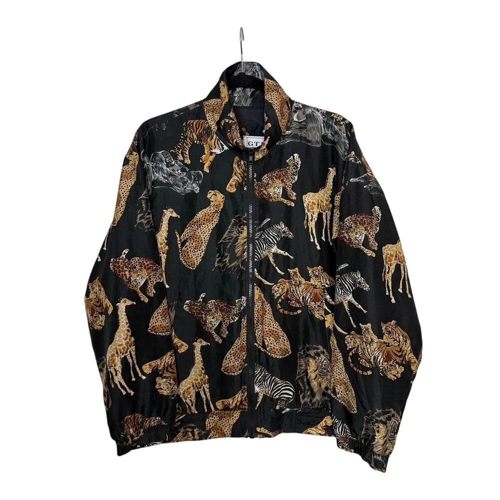 VTG 80s Sz S 100% Silk Bomber Jacket Animal Print Black Zoo Animals Zip Up